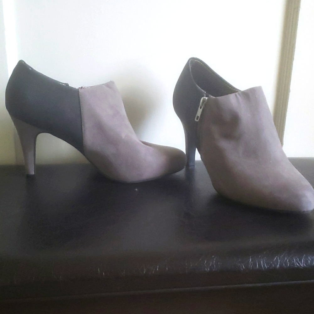 Gray heeled booties